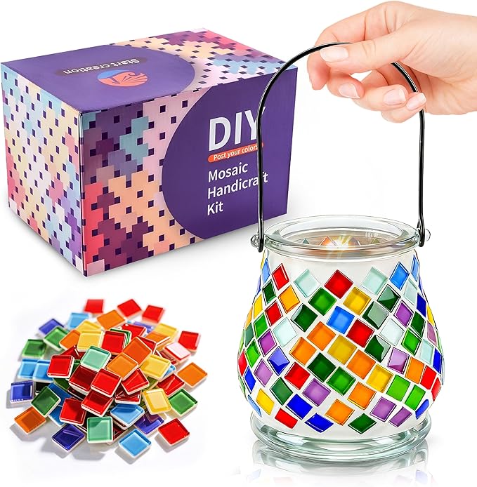 Joyclub DIY Mosaic Candle Holder Kit Mosaic Kits for Adults Stained Glass Tealight Candle Holder with Handle for Home Lighting Decor Girls Birthday Craft Gifts