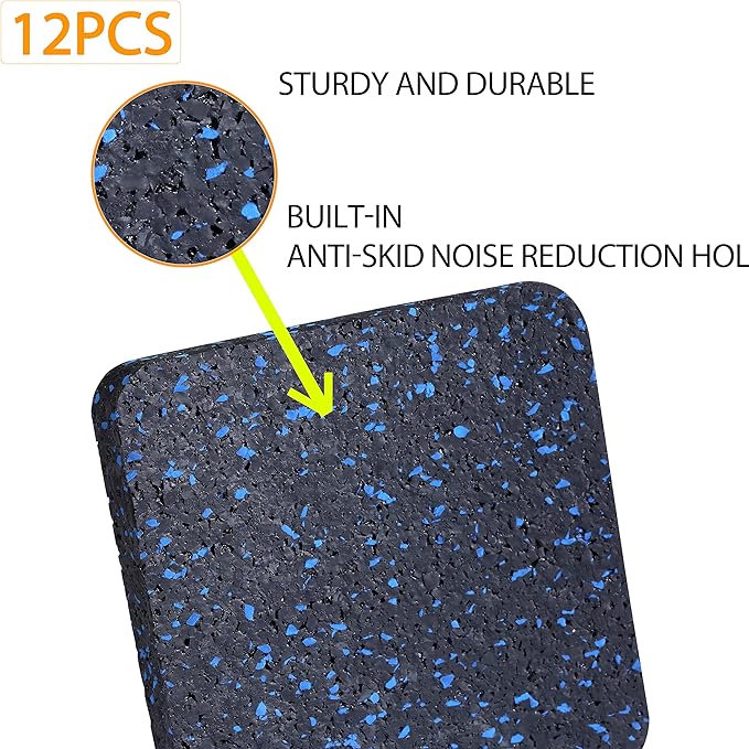Treadmill Mat Pads - 12 PCS Bulk Pack High Density Rubber Squares for Multiple Exercise Equipment - Anti-Vibration Noise Dampening Pads for Rower, Stationary Bike, Weight Bench