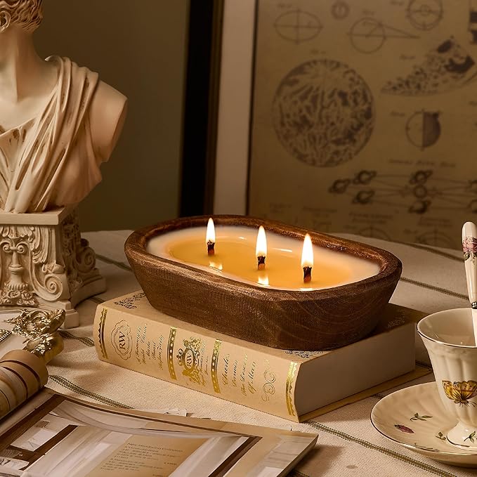 Woodronic 3 Wick Dough Bowl Candle, Lavender Scented Candle with White Wooden Bowl, 10 Inch Large Soy Wax Candle for Home Decor, Living Room, Bedroom, Perfect Gifts for Men & Women