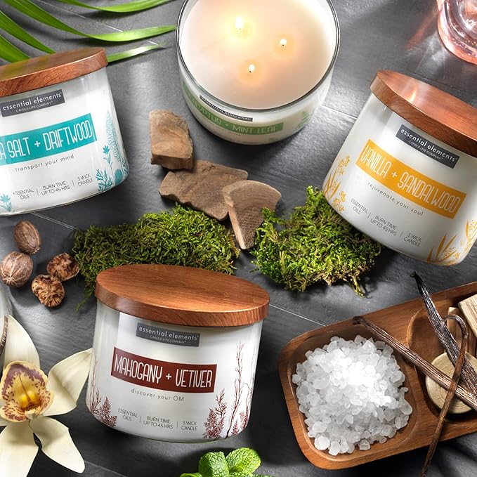 Essential Elements by Candle-lite Scented Candles, Baja Cactus & Kelp Fragrance, One 14.75 oz. Three-Wick Aromatherapy Candle with 45 Hours of Burn Time, Off-White Color