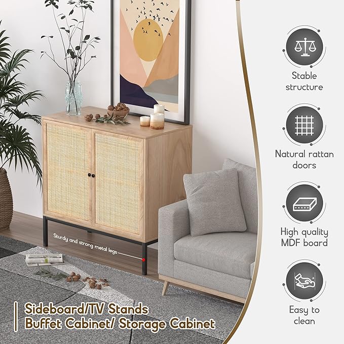 XIAO WEI Sideboard Buffet Cabinet with 2 Natural Rattan Decorated Doors, 31.5" W Accent Rattan Cabinet, Boho Credenza Storage Cabinet, for Living Room Dining Room Hallway, Metal Legs, Natural