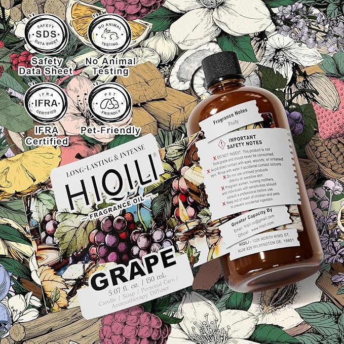 HIQILI Grape Fragrance Oil for Diffuser & Oil Burner, Fruity Scents for Making Candles, Hand Soap, Air Freshener, Long Lasting - 5.07 Fl Oz