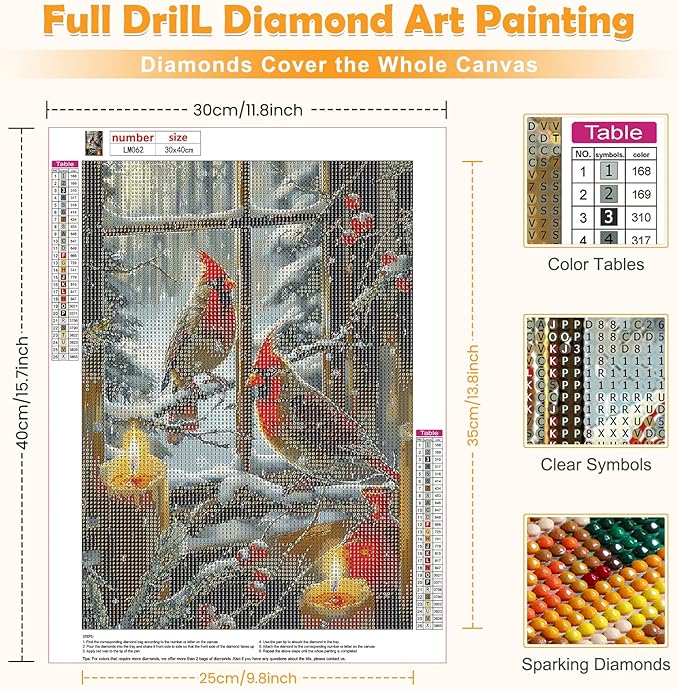 MOGTAA Christmas Diamond Art Kits for Adults, 5D Full Drill Cardinal Diamond Painting Kits for Adults Beginner, DIY Winter Round Diamond Dots for Adults, Gem Art for Home Wall Decor 12 X 16 Inch