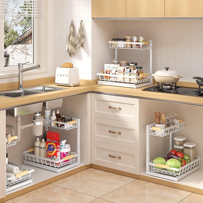 2 Packs Under Sink Organizer, Height Adjustable 3 Tier Under Kitchen Sink Organizer, Multi-Purpose Storage Shelf for Kitchen Bathroom Cabinet (White, Large)