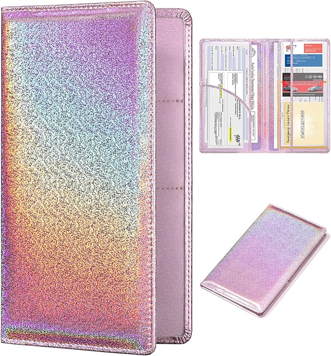 HERRIAT Car Registration and Insurance Card Holder,Glitter Leather Vehicle Glove Box Automobile Documents Paperwork Wallet Case Organizer for ID, Key Contact Information Cards,Men&Women
