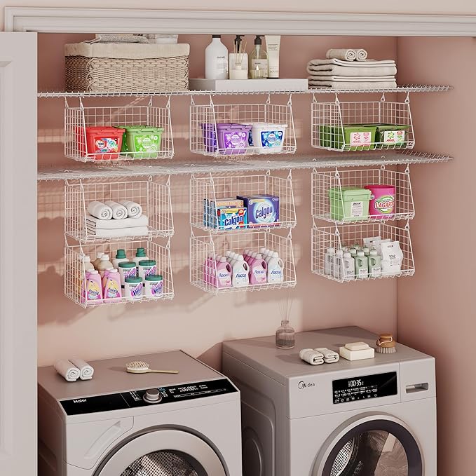 3-Tier Hanging Laundry Basket Organizer：Foldable Wire Shelf Laundry Room Organizer with 360°Rotating Hooks Small Space Solutions Pantry Baskets - Laundry Organization, White Patent