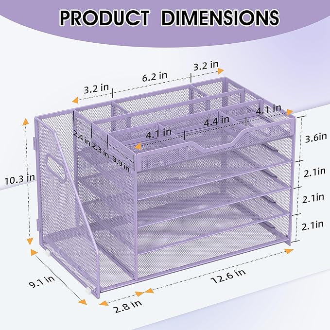 5 Tier Paper Letter Tray with File Holder and 3 Drop-in Pen Holders, Mesh Desk File Organizer with Handle, Desk Organizers and Accessories for School,Home, Office Supplies Storage-Purple