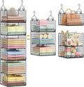 6 Tier Hanging Closet Organizers and Storage Stackable Hanging Closet Shelves with 4 Hooks 2 Adjustable Dividers, Wire Storage Basket Bins for Clothing Purse Sweaters Shoes Socks Dolls, Foldable