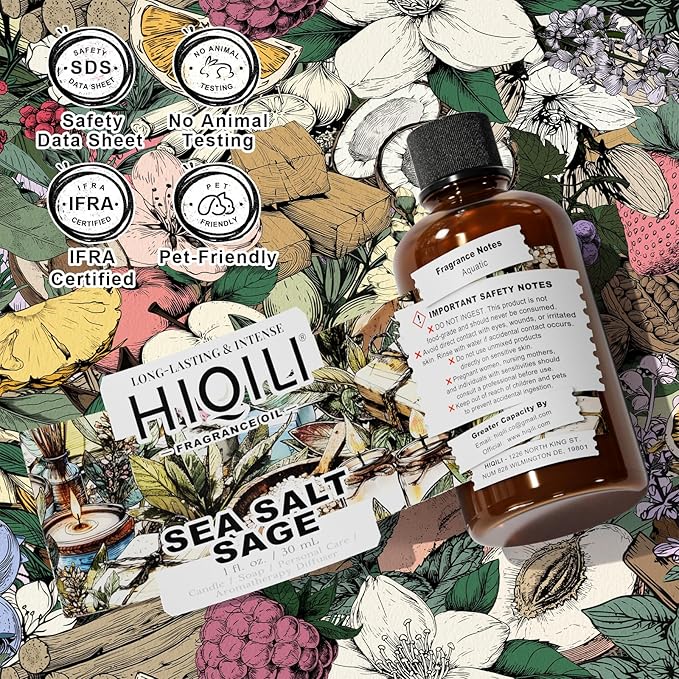 HIQILI Sea Salt Sage Fragrance Oil for Diffuser Use, Candle Making Scents, Soap Making Supplies, Car/Hotel Collection Diffuser Oil - 1 Fl Oz