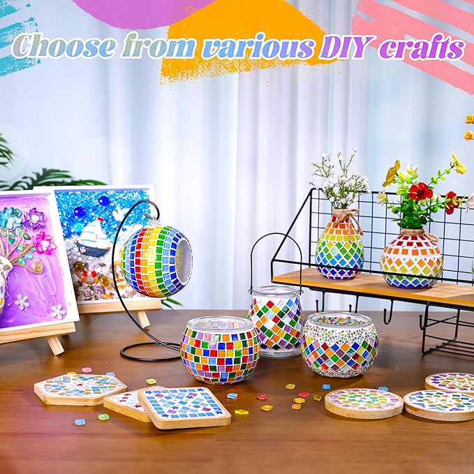 Joyclub DIY Mosaic Candle Holder Kit Mosaic Kits for Adults Stained Glass Tealight Candle Holder for Home Lighting Decor Girls Birthday Craft Gifts