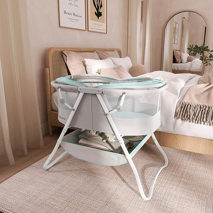 Dream On Me Karley Bassinet, Award Winner Lightweight Travel Baby Bassinet, Foldable Bedside Sleeper, Adjustable Double Canopy, Spacious Design, Soft Fabric, Storage Basket – Blue and Grey