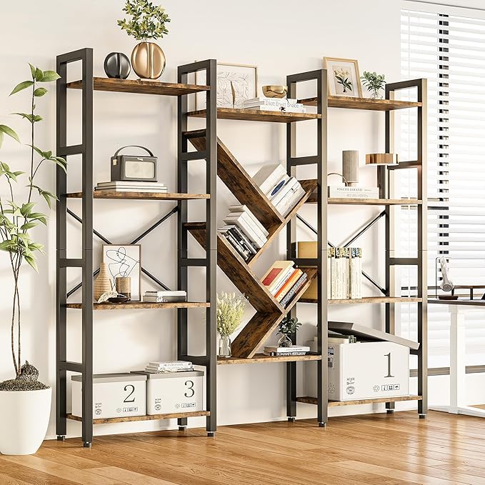 Triple 4 Tier Book Shelf, Large Industrial Bookcase with Storage Cabinet, Tall Bookshelf with Open Display Shelves Furniture for Living Room Bedroom Home Office Rustic Brown