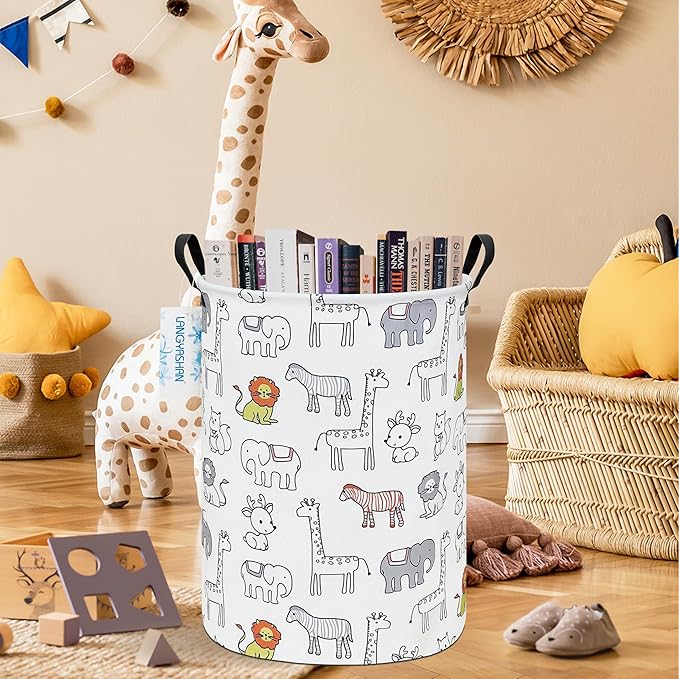 LANGYASHAN Laundry Basket Canvas Fabric Collapsible Organizer Basket for Storage Bin Toy Bins Gift Baskets Bedroom Clothes Children Nursery Hamper (Animals)