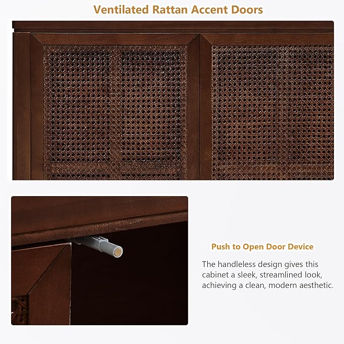 Amposei Mid Century Modern Rattan Sideboard 39.4’’ Small Coffee Bar Console Buffet Cabinet Table for Living Dining Room Entryway Hallway, Walnut