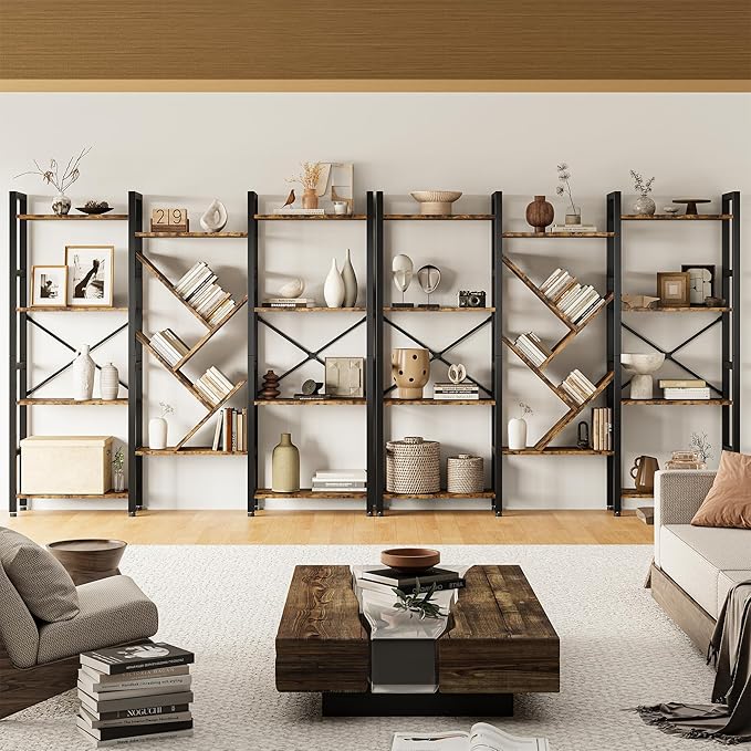 Triple 4 Tier Book Shelf, Large Industrial Bookcase with Storage Cabinet, Tall Bookshelf with Open Display Shelves Furniture for Living Room Bedroom Home Office Rustic Brown