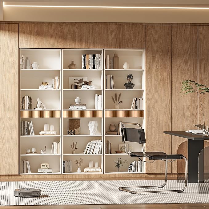 INNOD 72" Tall Bookshelf with Storage, 7-Tier Bookcase Fluted with Drawer, Display Book Shelf Book Organizer with Anti-tip Device, Home Decor Wood Furniture for Bedroom, Living Room and Office, White