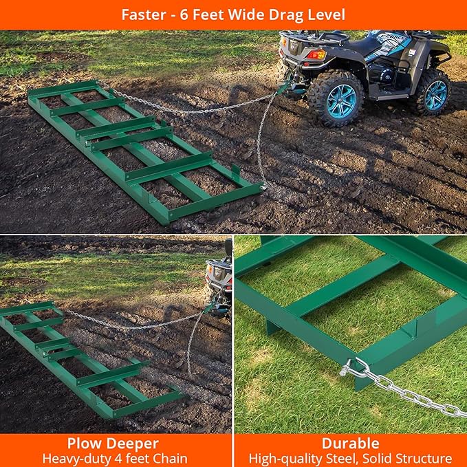 Driveway Drag 48" Wide, Tow-Behind Harrow for Driveways, Landscape Rake for ATVs, UTVs, Tractors, and Mowers, Lawn Leveling Tool with a 6FT Heavy-Duty Chain.