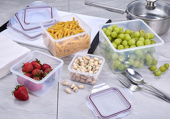 Set of 4 Square Nesting Food Storage Containers - Reusable, BPA Free Plastic, Snap Lock Lids With a Leakproof Silicone Seal. Great for Snacks, Soup, Fruit, Salad and Food Storage…