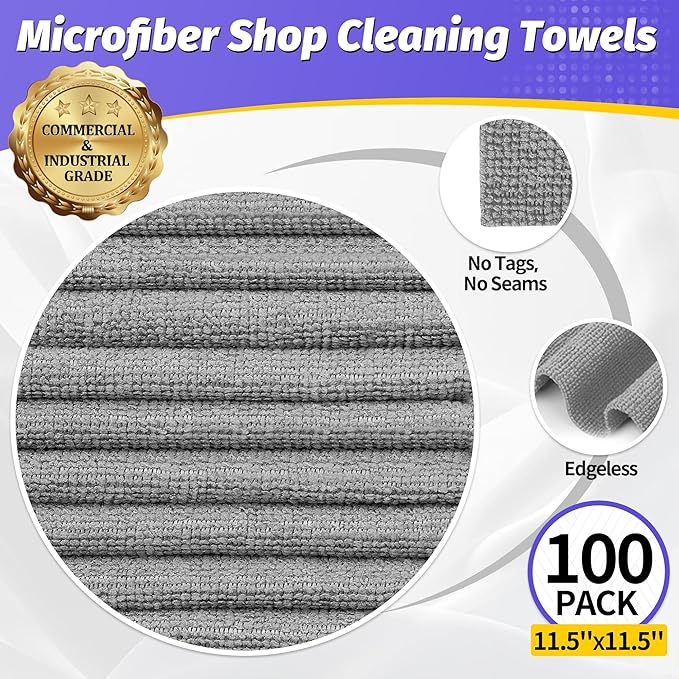 HOMERHYME Microfiber Cleaning Cloth, 100 Pack Cleaning Rags Microfiber Towel Bulk Absorbent Lint-Free WashCloths, All-Purpose Towels for Cars, Shop, Automotive, Garage, Home Kitchen 11.5"*11.5", Grey