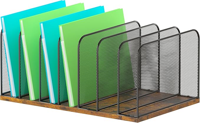 Piskyet Wooden Desk File Organizer, 7-Section Vertical File Folder Holder Stand,Metal Mail Paper Chromebook Organizer for Teacher Desk Office Classroom Desktop Organization