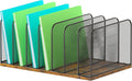 Piskyet Wooden Desk File Organizer, 7-Section Vertical File Folder Holder Stand,Metal Mail Paper Chromebook Organizer for Teacher Desk Office Classroom Desktop Organization