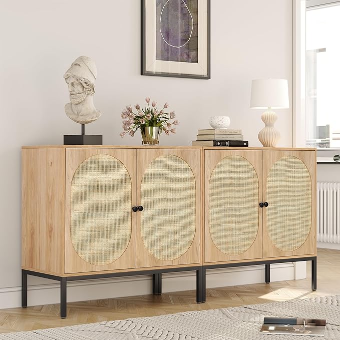 Yechen Set of 2 63" Sideboard Cabinet with Natural Rattan Hand-Woven Doors, Rattan Cabinet, Accent Buffet Storage Console Cane Credenza, for Living Room Entryway, Metal Legs/Natural