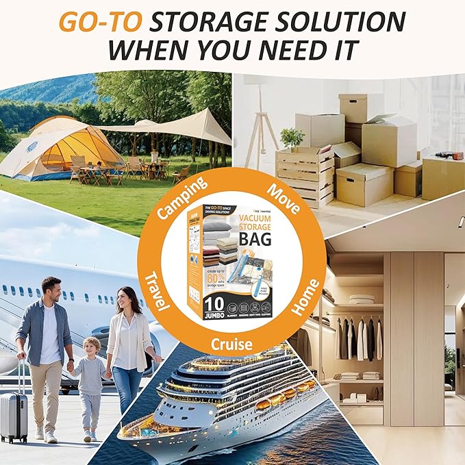 Cozy Essential Vacuum Storage Bags, 80% Compression Vacuum Seal Space Saver Plastic Packaging Bags for Clothes, Blankets, Pillow, Bedding, Comforters, Sealer Clothing Storage,10 Jumbo