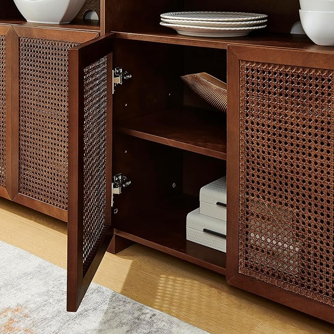 Amposei 63’’ Rattan Sideboard Cabinet, Boho Mid Century Modern Credenza Buffet Table & TV Console with Adjustable Shelves and Open Storage for Living Room, Hallway, Entryway, Kitchen & Dining, Walnut