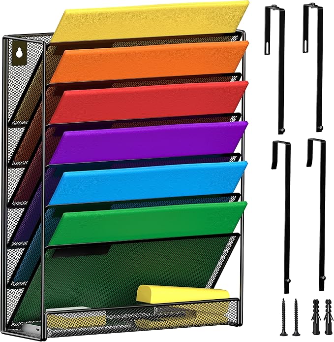 MINDEPOT 7-Tier Wall Hanging File Organizer Cubicle Hanging Organizer Mount File Holder, Mesh Magazine Document Mail Organizer Wall Organizer for Office School Home, Black