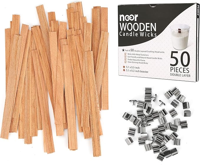 NOOR 50 Wooden Wicks for Candle Making - Double Layer Crackling Wood Wicks with Metal Clips - Smokeless, Eco-Friendly, Ideal for Soy Wax & DIY Candle Projects
