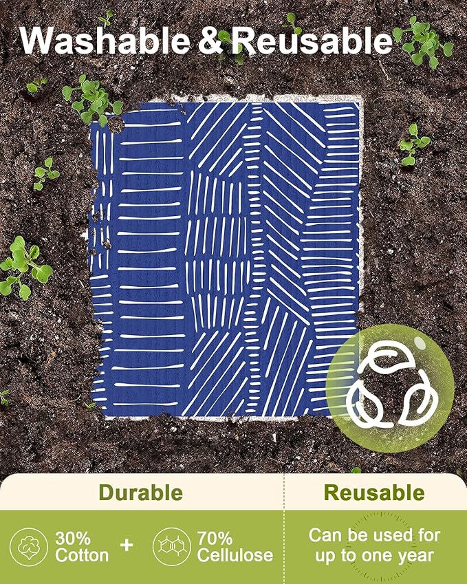 Miss Adola 8 Pack Reusable Kitchen Swedish Dishcloths for Washing Dishes Cloths Absorbent Fast Drying Cleaning Sponge Cute Decorate Washable Swedish Towels, Blue Line