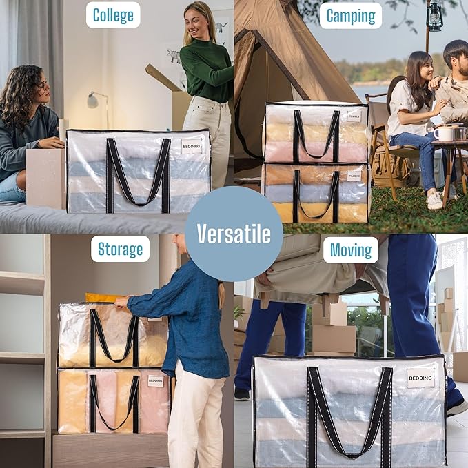 VENO 2 Pack Clear Storage Moving Bags, Heavy Duty Storage Bins with Lid, Around Handles, Tag, Zippers, Extra Large Totes Packing Moving Boxes Supplies for College Dorm Clothes (Transparent)
