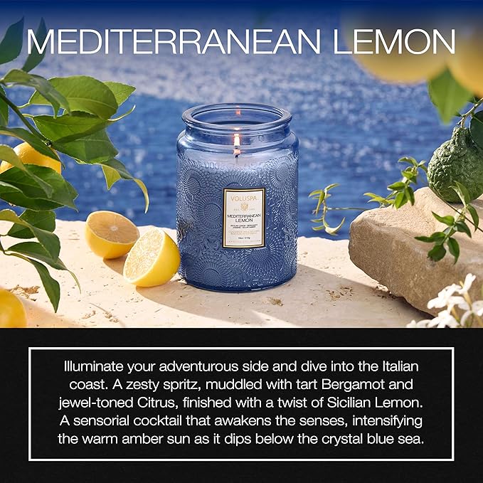 Voluspa Mediterranean Lemon Candle Jar, 18 oz, Coconut Wax Blend, Large Scented Candles for Home, 100 Hour Burn Time, Poured in The USA