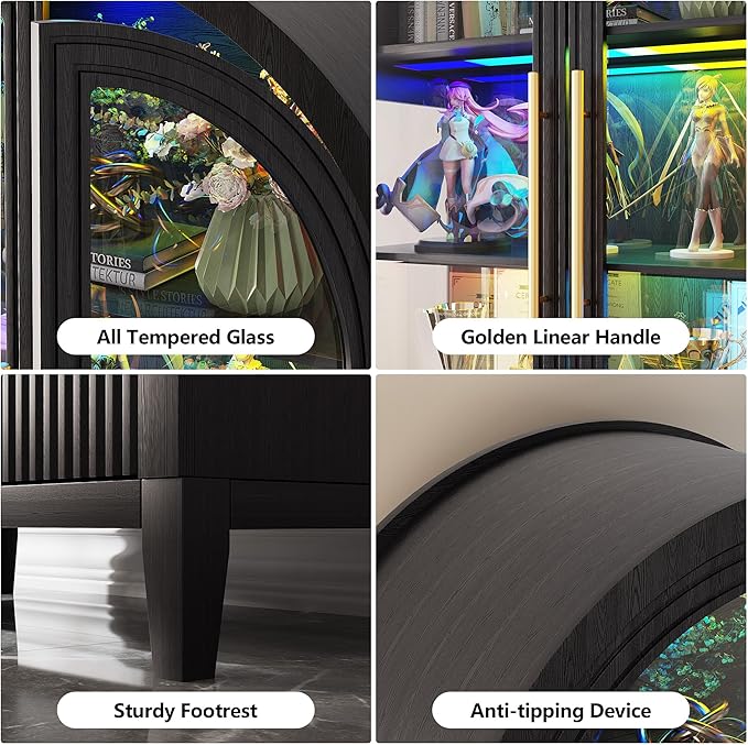 LVSOMT 71" Tall Arched Storage Cabinet with Glass Doors and Drawers, Curio Display Cabinet with Adjustable RGB Light & Human Sensor, 4-Tier China Cabinet for Living Room(Black)