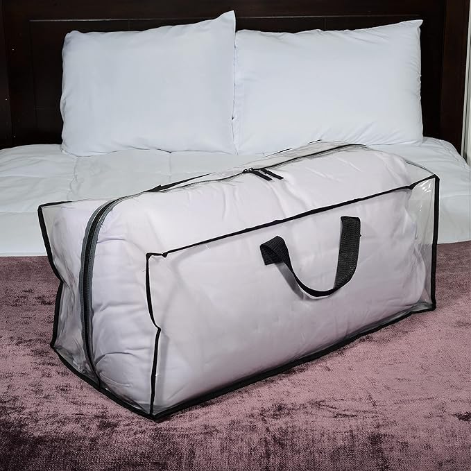ZENPAC Clear Blanket Storage with Handles, Zippered Plastic Bags, Heavy Duty, Waterproof for Packing Clothes, Linens, Comforters, 27x12x13.75, 3 Pack