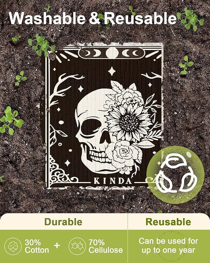 Miss Adola 8 Pack Reusable Kitchen Dishcloths - Absorbent, Fast Drying, Washable Swedish Towels with Cute Black Skull Design