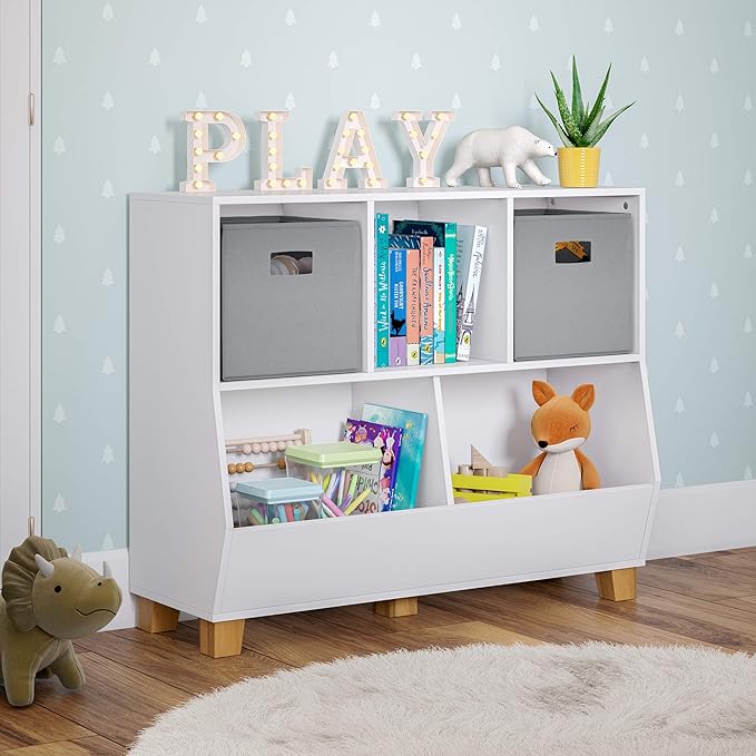 RiverRidge Catch-All Kids Toy Storage Organizer with 3 Cubbies and 2 Storage Bin Compartments - 35 Inch Wide White and 2 Gray Fabric Bins Kids Room Decor Toy Organizers and Bins