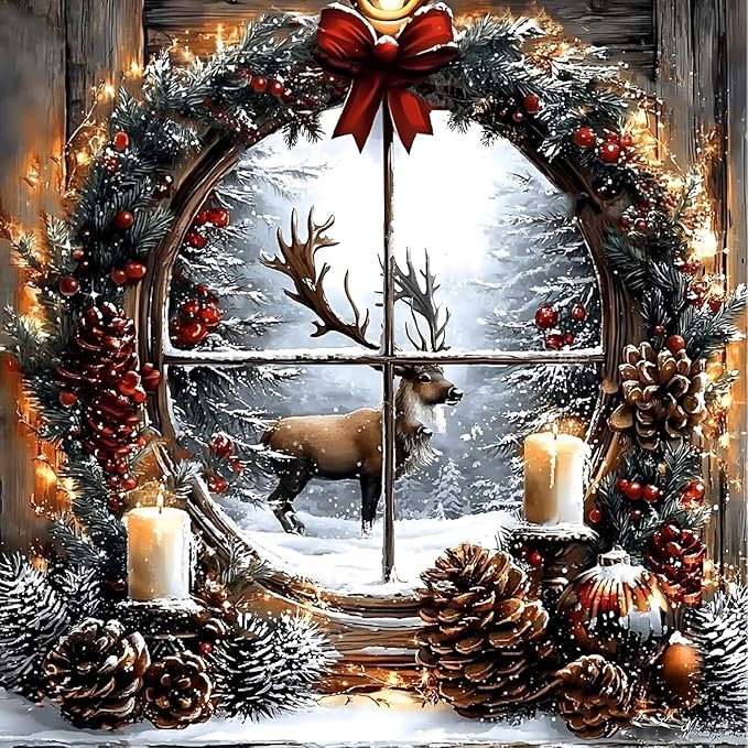 Diamond Art Kits for Adults, Christmas Elk Diamond Painting Kits for Beginners, 5D Full Drill Gem Art Paint with Diamonds Dots Crafts Kits for Home Decor Gift 14x14inch