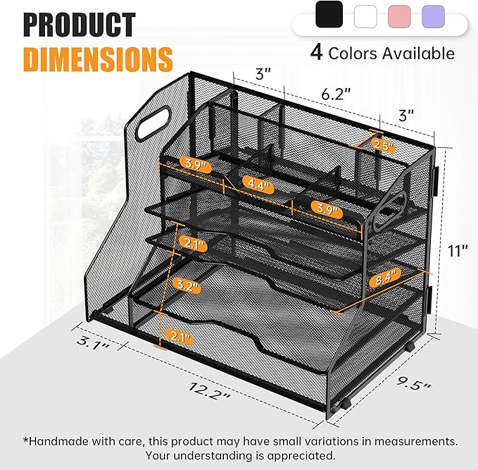 YINGHUA 5 Tier Paper Tray Letter Organizer with Top 6 Adjustable Compartments and File Holder - Paper Sorter Office Desktop Accessories with Handles for Document,Mail,School Supplies Storage,Black