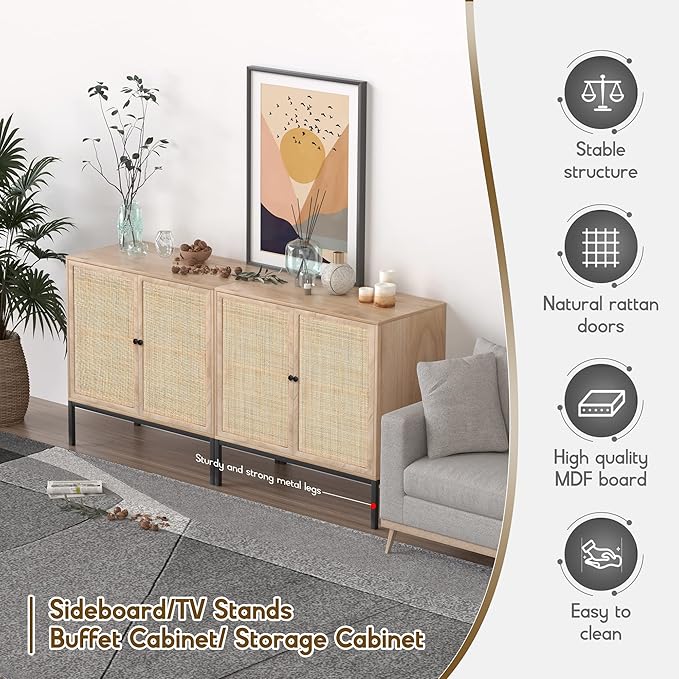 XIAO WEI Rattan Sideboard Cabinet with 2 Doors, 31.5" Boho Buffet Credenza with Metal Legs, Natural Cane Accent Storage Cabinet for Living Room, Dining Room, Entryway, Set of 2