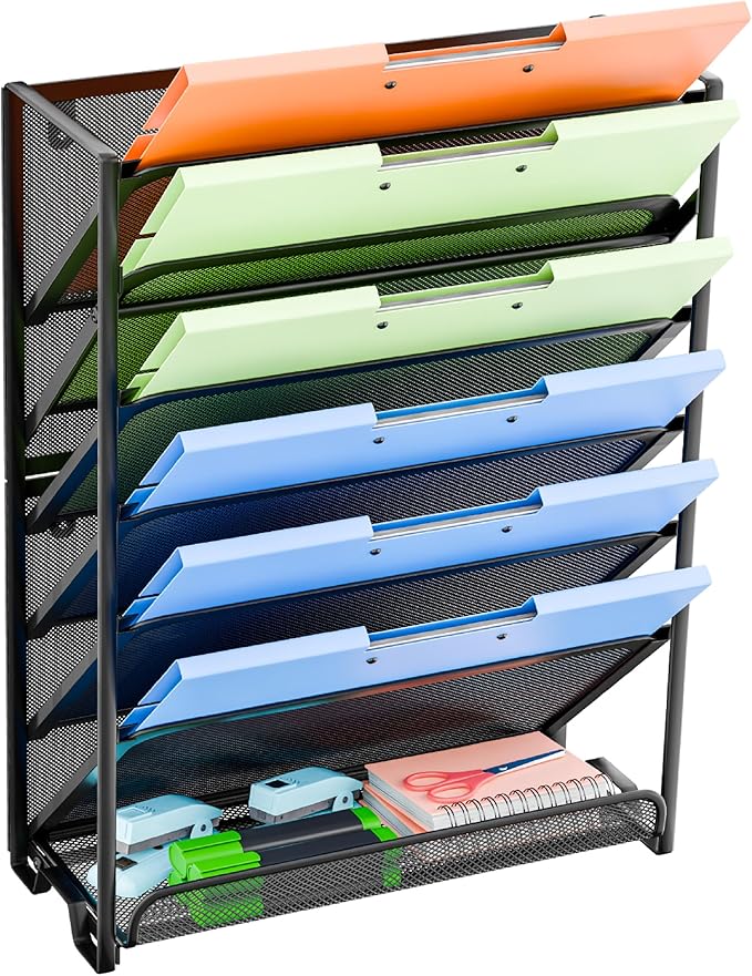 Simple Trending Wall File Organizer, Mesh 7-Tier Vertical Hanging File Holder, Desktop Metal Files Rack for Office and Home, Black