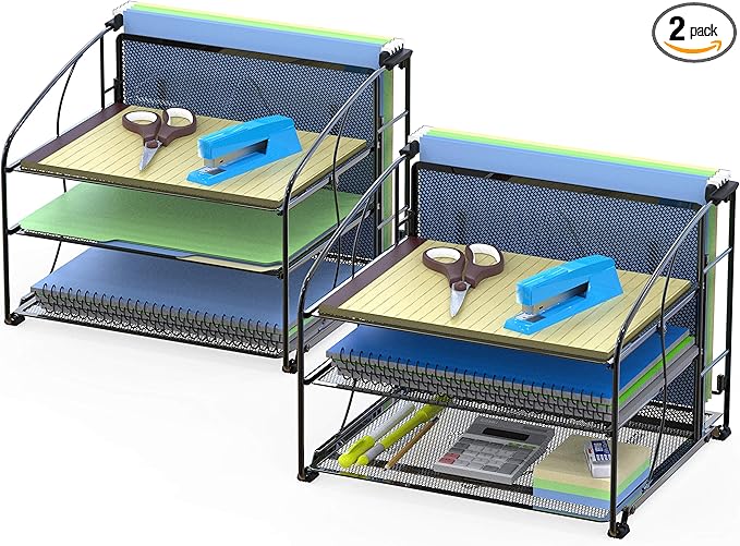 Simple Houseware 3-Tier Desk Organizer with Hanging File Holder, 2 Packs, Black
