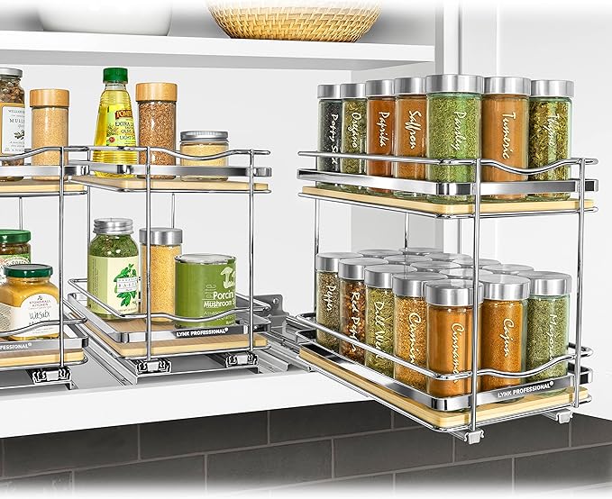 LYNK PROFESSIONAL® Élite™ Pull Out Spice Rack Organizer for Inside Kitchen Cabinets - 6-3/8 inch Wide - Slide Out Drawer – Wood/Chrome Sliding Spice Organization for cabinet - Spice Racks - 2 Tier