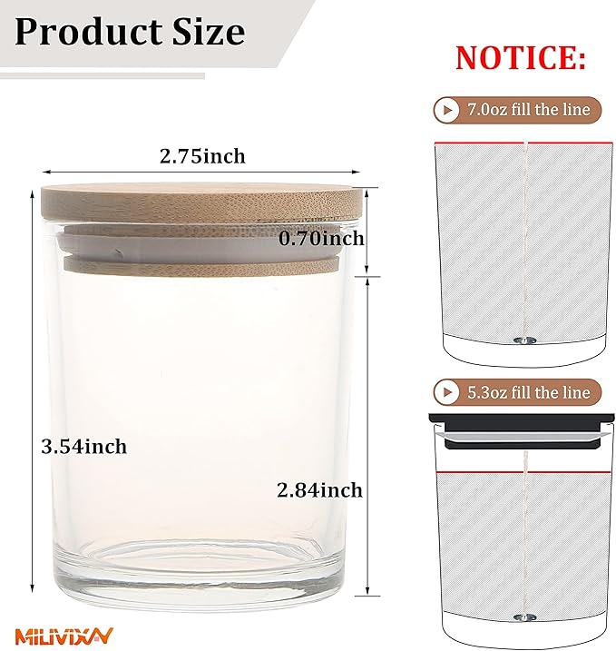 MILIVIXAY 12 Pack 7 OZ Clear Thick Glass Candle Jars with Lids - Bulk Empty Candle Jar for Making Candle - Spice, Powder Containers.