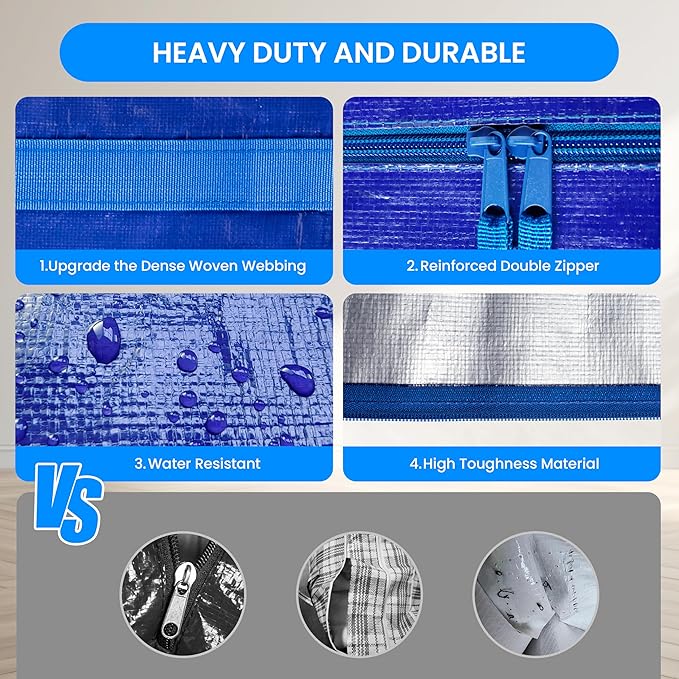Simple Deluxe 4 Pack Extra Large Moving Bags with Lids, Reinforced Handles and Zippers, Heavy Duty Storage Tote for Moving Travel Camping Space Saving, Blue