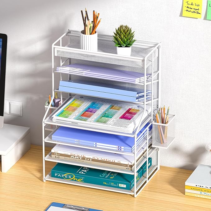 7 Tier Desk File Organizer – Vertical File Organizer for Desk with Removable Pen Holder & Adjustable Drawer – Metal Document Organizer for Office, Simple Trending Design – White