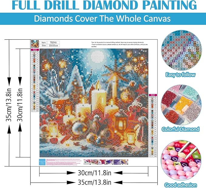 Christmas Candle Light Diamond Painting Kits for Adults, 5D Diamond Art Kits for Adults Beginners, DIY Full Round Drill Diamond Dot Painting Gem Art Kits for Adult, Home Wall Decor 13.8x13.8 Inch