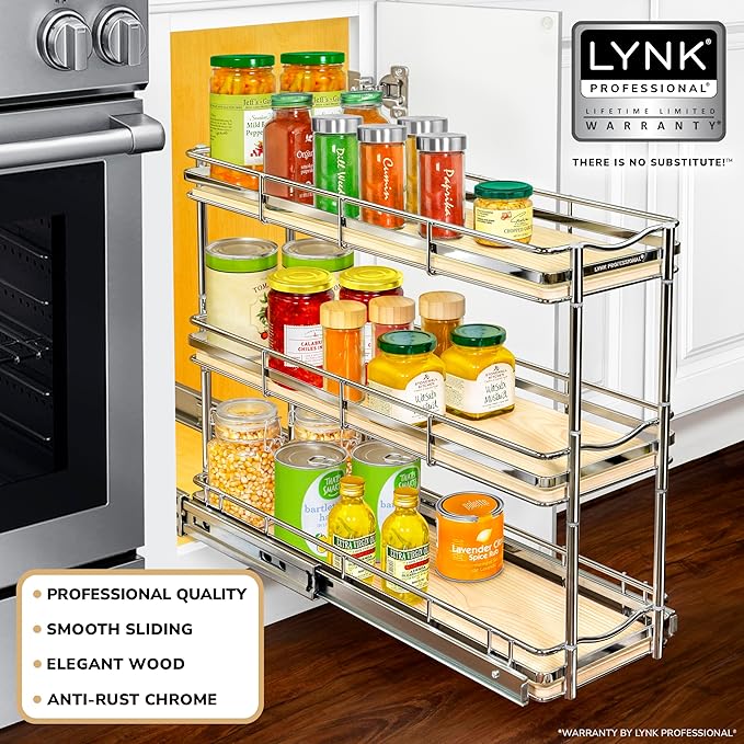 LYNK PROFESSIONAL® Élite™ Pull Out Spice Rack Organizer for Inside Kitchen Cabinets - 6" x 21" - Slide Out Drawer – Wood/Chrome Sliding Spice Organization for cabinet - Spice Racks - 6 Tier