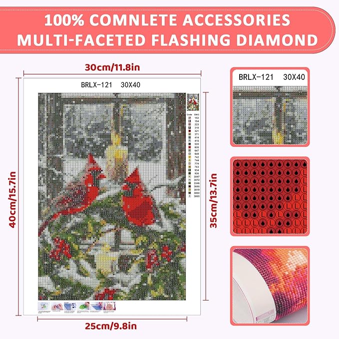Skyboda Christmas Diamond Art Kits for Adults Beginners, Christmas Cardinal Diamond Painting Kits for Adults,5D Full Drill DIY Diamond Dot Gem Art Kit Wall Home Decor Arts Craft 12x16 inch