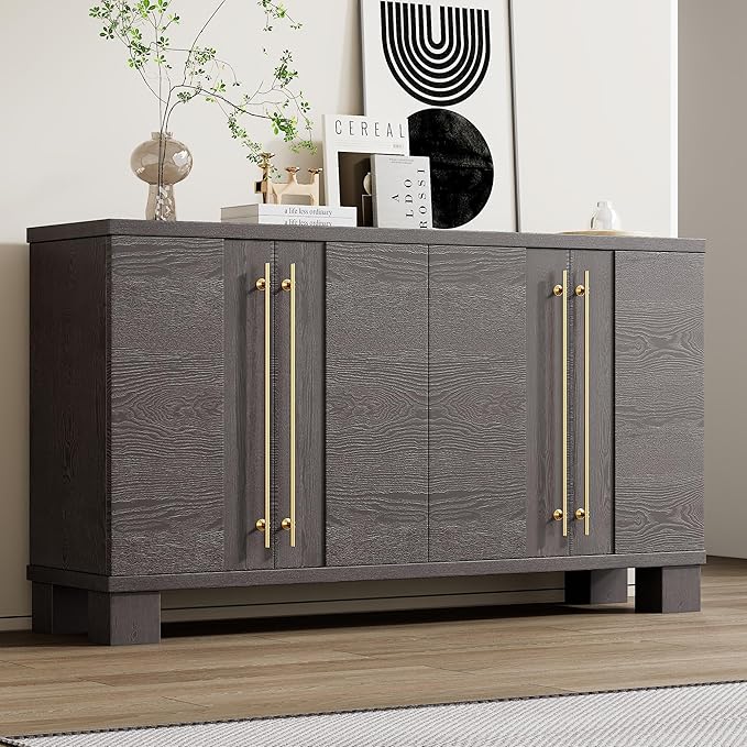 Amposei Modern Sideboard Buffet Cabinet 60-Inch Wood Credenza Console Storage Cabinet Dining Table with 4 Doors and Adjustable Shelves for Living Room Entryway, Taupe